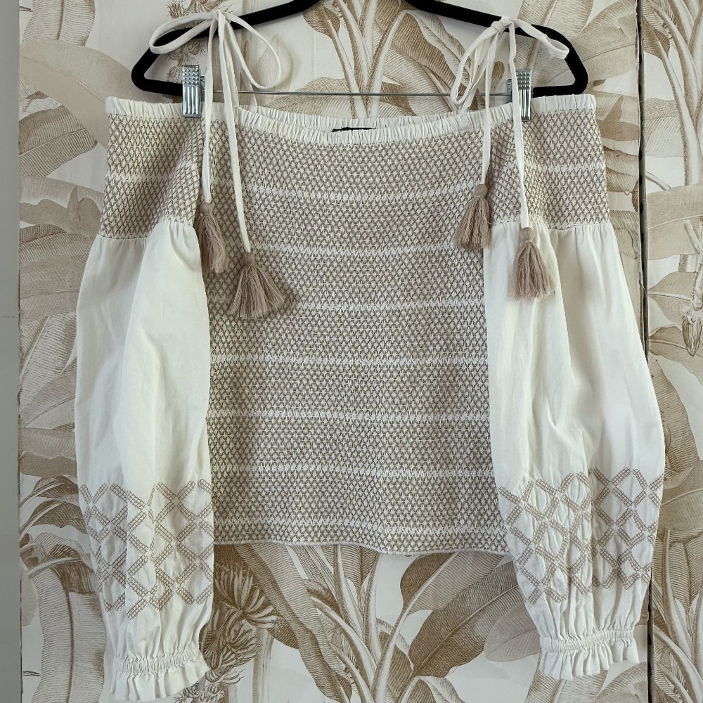 Off Shoulder top with smoked chest and waist, puffy long sleeve, tassel strings - Picture 3 of 4